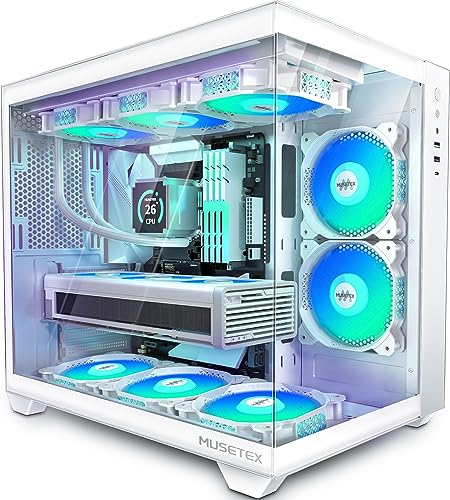 MUSETEX PC Gehäuse ATX,6 PWM ARGB Lüfter vorinstalliert,360MM Rad Unterstützung,Type-C Gaming PC Gehäuse,270° Full View Tempered Glass Mid Tower PC-Gehäuse,Reinweißes ATX Gehäuse,Y6
