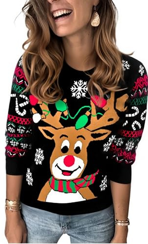 Marvmys Jersey Navideño Mujer Invierno Navidad Ugly Sweater Manga Larga Suéter Ropa Punto Reno Monigote Nieve Cuello Redondo A-Negro XL