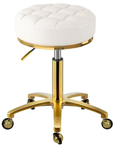 XCRFKGW Rollhocker Gold Hocker mit Rollen, Rund Drehhocker Höhenverstellbar 43-55 cm, Komfort PU Leder Bürohocker Arbeitshocker Belastbar bis 150kg, Schminkhocker für Massage Salon Spa (Weiß)