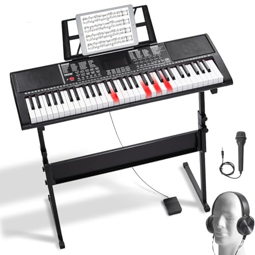VEVOR 61-Tasten-Digitalklavier, beleuchtete Tasten, tragbares elektrisches Klavier mit verstellbarem Ständer, 600 Töne, 500 Rhythmen, integrierte Lautsprecher, Sustain-Pedal, Kopfhörer, Mikrofon, USB