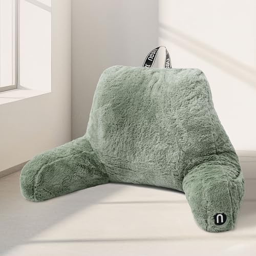 Nestl Pelz-Lesekissen, stilvolles Rückenkissen zum Sitzen im Bett, Kunstfell, Bettstuhlkissen mit Armen, Lesekissen zum Sitzen im Bett, Erwachsene & Kinder, Rückenstützkissen für Bettruhe, Salbeigrün