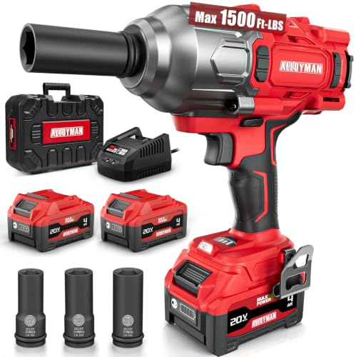 Alloyman Cordless Impact Wrench 1500 FT-LBS(2000N.M),1/2 High Torque | Brushless Impact gun,3-speed,2*4.0Ah battery,for stubborn lug nuts,rusted bolts,Car Tire trucks and heavy-duty repairs