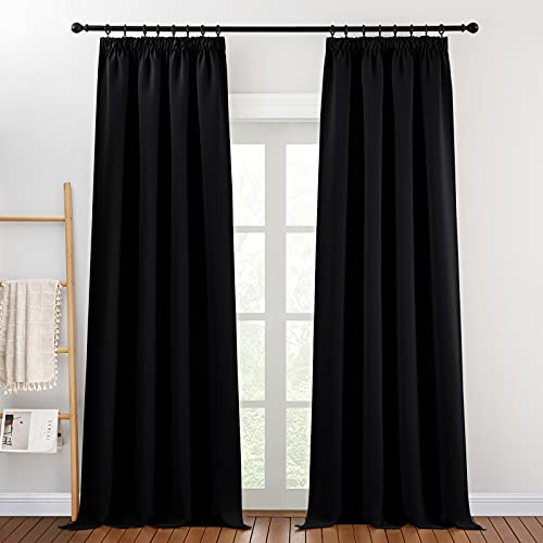 PONY DANCE Blackout Pencil Pleat Curtains, Black, W46 x L90 Inch, 2 Panels | Thermal Insulated Curtains with Noise Reducing & Privacy, Luxury Soft Window Treatment for Bedroom & Living Room
