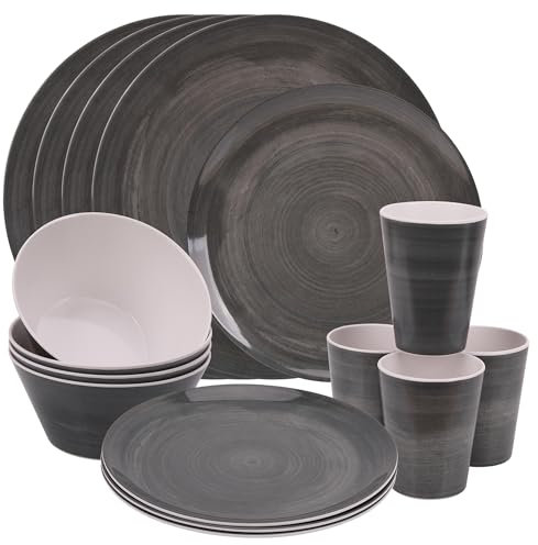 Event Decor Shop Juego de vajilla de melamina irrompible de 16 piezas | Platos, platos de postre, cuencos y tazas | Servicio para 4 | Duradero y reutilizable | Ideal para interiores, exteriores