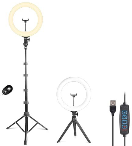 Aro de Luz con Trípode, Aro de luz LED 10¨ 25cm, 12W, 3 Color de Iluminación, 2 Tripodes, de Pie 135cm y de sobremesa 19cm, 3 Soporte Movil, Control Remoto Inalámbrico para Movil, Altura Total 160Cm