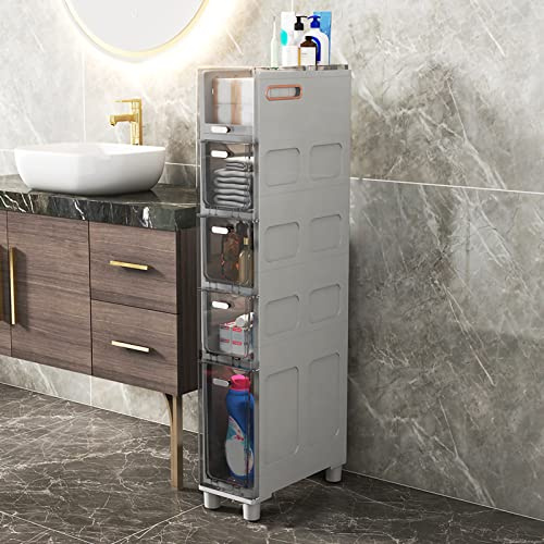 Armadietto portaoggetti da bagno stretto con 5 cassetti, contenitori trasparenti con ruote girevoli, design salvaspazio per piccoli spazi, torre alta per carta igienica e articoli da toeletta