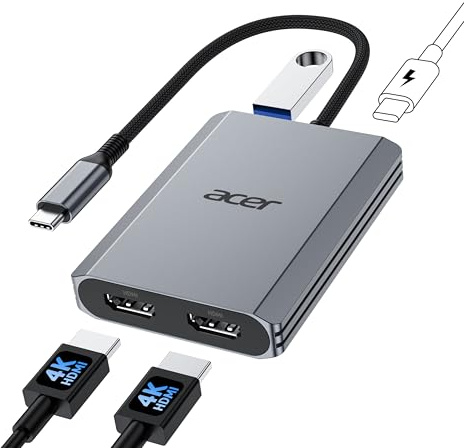 Acer Adattatore USB-C a doppio HDMI 4K@60 Hz, Hub USB-C multiporta con 2 HDMI, PD100 W, USB 3.0, convertitore Type-C per doppio monitor, compatibile con Acer Nitro, MacBook Air/Pro, Dell XPS, Surface