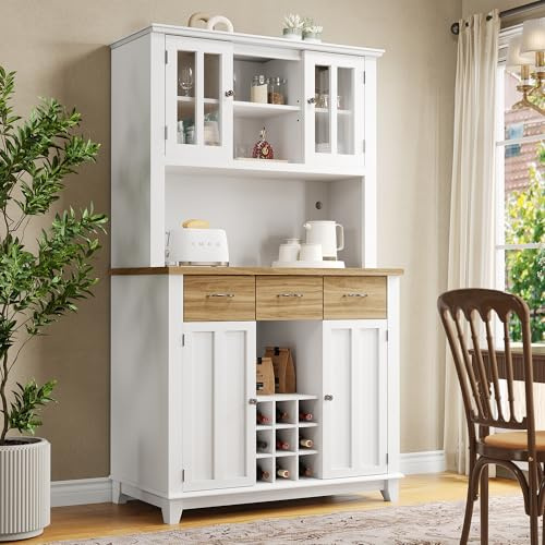 Witimisy Armadio da cucina, vetrina, armadietto a buffet con ripiani regolabili, credenza con illuminazione a LED, 106 x 40 x 179,5 cm (bianco + colore naturale)