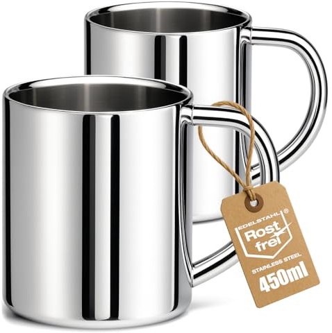 Robin Goods® 2x Edelstahl Thermobecher 450 ml - doppelwandige Isolierbecher mit Henkel - stabile Kaffee- und Trinkbecher aus Edelstahl für Alltag, Reisen & Outdoor (450ml)