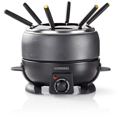 Melissa Set de Fondue - Eléctrico, 2,3 L de capacidad, 800W - 6 tenedores de colores - Antiadherente - Temperatura ajustable - Asas de tacto frío - Para 6 personas