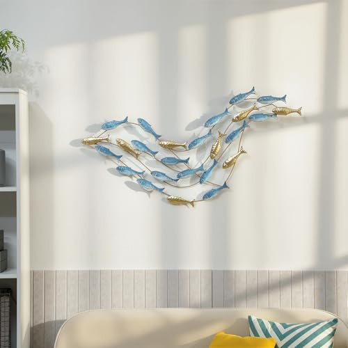 HOMCOM Decorazione Parete di Banco di Pesci con Viti Incluse per Casa e Ufficio, Wall Decor in Metallo, 99.7x3.8x50.2 cm, Oro e Blu
