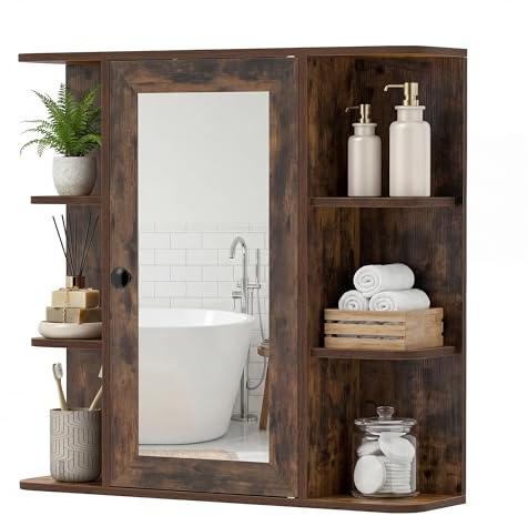 LIFEZEAL Specchio Bagno Contenitore, Mobile Bagno con Specchio con 6 Ripiani Aperti e 3 Chiusi, 1 Anta, Mobiletto Pensile Salvaspazio da Letto, per Soggiorno e Camera, 66 x 16,5 x 63 cm (Marrone)