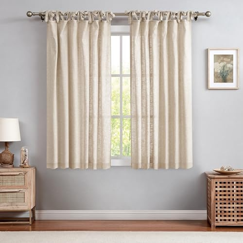Central Park Linen Tie Top Curtain Semi Sheer Window Treatment Linen Cotton Blend Decorative for Living Room Drape 63 Inch Length Treatment for Bedroom Farmhouse Rustic Curtain, Linen, 1 Panel