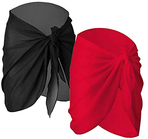 Beach Sarong Wrap Women,2 Pack Swimwear Chiffon Beach Swisuit Wrap Sarong Short Sarong Chiffon Bikini Cover Up Swimsuit Wrap Dress Skirt for Holiday Swimming Black+Red