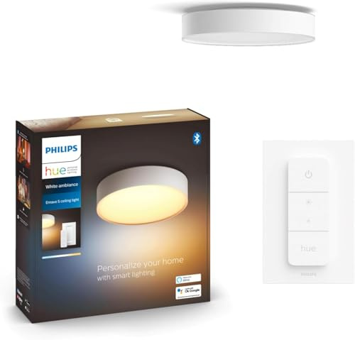 Philips Hue Enrave M Lámpara LED de Techo Inteligente + Interruptor Blanca | Luz Blanca de Cálida a Fría, Con Interruptor Inalámbrico, Control por App y Voz, Compatible con Alexa, Google y Apple Home