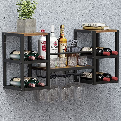 VEDECASA industriell wandmontierte Weinregal mit 3 Dampfglashalter Partial Holzregal Schwarz Metallflaschenhalter Multi funktionaler Weinpareite Display Rack für Home Bar Dining Room Kitchenkitchen