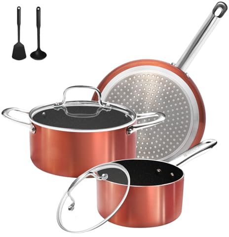 M MELENTA Non Stick Pots and Pans Set, 7 Piece Induction Hob Pan Set, Ceramic Cookware Set with Frying Pan, Saucepan Set, PFOA Free, Copper