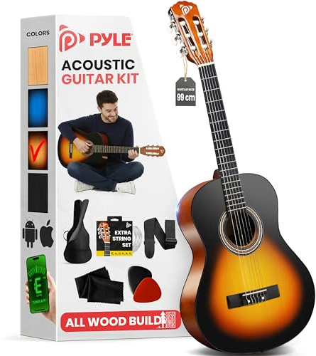 Pyle 4/4 Konzertgitarre, Akustik Gitarre 39Zoll für Anfänger Einsteiger Erwachsene, Classical Guitar Teardrop Sunburst, Matt, Set Inklusiv Tasche, Gurt, Plektren, Extra Saiten, Reinigungstuch