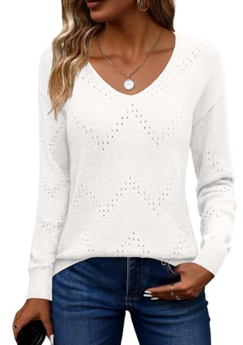 Zeagoo Suéter de Punto Elegante para Mujer Cuello en V de Otoño Suéter de Crochet Manga Larga Moda Suéter Liso Casual Tallas S-XXL