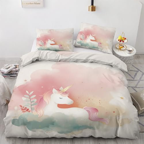 ZyxMehtic Housse de Couette 90x190 Licorne Rose - Parure de Lit 1 Personne Enfant, Fille, Animal Housse Couette en Microfibre Douce avec Fermeture Éclair avec 1 Taie d'oreiller 65x65 cm