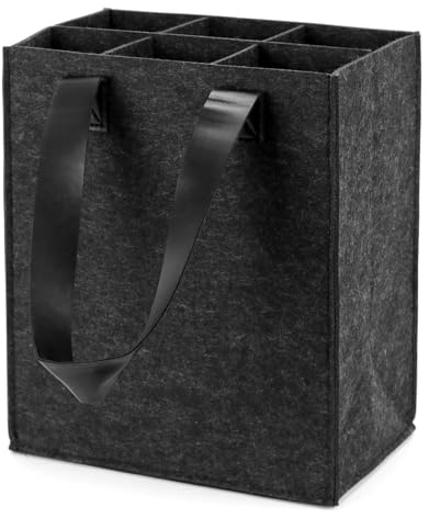 QWORK® Sac à Bouteilles 6 Compartiments - Sac à Vin Réutilisable en Feutre, Poignées Robustes en Cuir PU