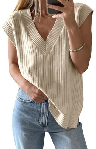 Saodimallsu Pull à col en V pour femme - Gilet surdimensionné sans manches - Léger - Pull d'été élégant, beige, XL