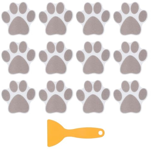 PATIKIL 12 Pcs Non Slip Bathtub Stickers, Anti Slip Shower Stickers with Scraper Bathroom Shower Floor Decals Paw Footprint Cute Treads Tubs, Gray
