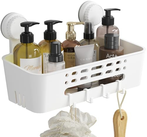 Lifewit Saugnapf Badregal, Duschablage Ohne Bohren, Kunststoff Bad Duschablage mit 4 Haken Duschregal Abnehmbar für Shampoo Conditioner Halter Duschkorb für Badezimmer Küche Organizer, Große, 1 Stück