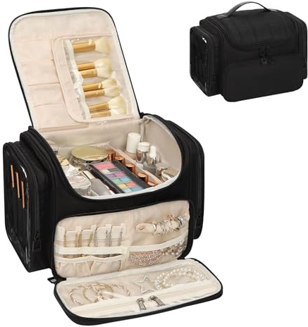 Large Makeup Bag with Jewelry Organizer, Travel Toiletry Bag for Women Girls with Makeup Brush Compartment & Two Side Pockets - XL Black