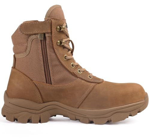 DahWe Men's Steel Toe Boots-6 inch Side Zipper Non Slip Puncture Resistant Lightweight Comfortable Indestructible Safety Shoes for Construction Warehouse Roofing Logger Riding/Brown US Size 11