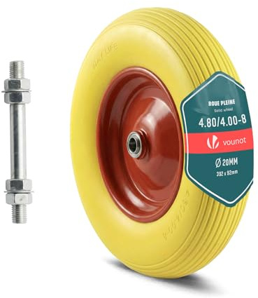 VOUNOT® Rueda de Carretilla Goma Maciza PU Antipinchazos 4.80/4.00-8 Repuesto Neumático Eje Incluido 20mm 392x92mm con Rodamientos Bolas para Carretillas Obra Carros Jardinería Remolque Amarillo-Rojo