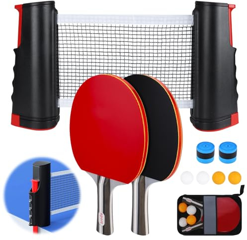 BBWELL Set de Tennis de Table,2 Raquettes de Tennis de Table,4 balles (2 Jaunes,2 Blanches),Filet rétractable,2 revêtements de Manche & Sac de Transport,Set Mobile,idéal pour intérieur et extérieur