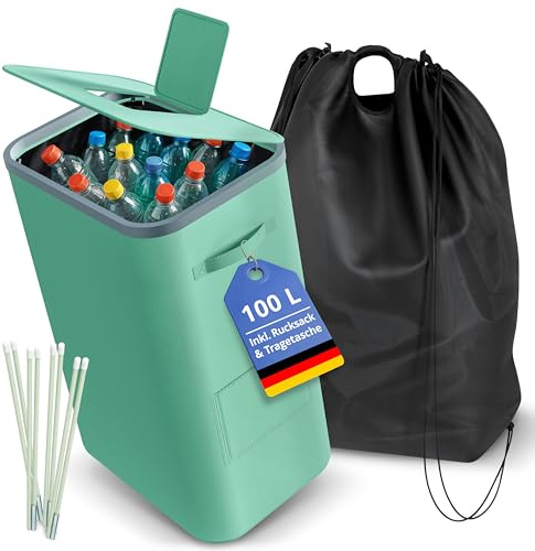 SAMMLEX Pfandflaschen Sammelbehälter mit Deckel Faltbarer Pfandflaschenbehälter 100 L Volumen Leergutbehälter 42×34×75cm Herausnehmbarer Innensack Wasserabweisende Oberfläche Robuster Rahmen Türkis