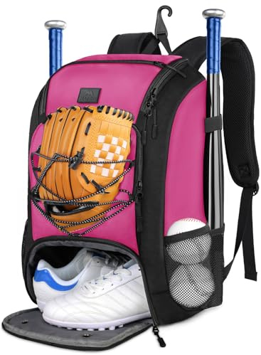 MATEIN Pink Softball Backpack, Lightweight Softball Bag with Fence Hook for Women & Girls, All-in-One Baseball Backpack with Large Main Compartment Fits Helmet, Cap, Gloves for Tball Practice