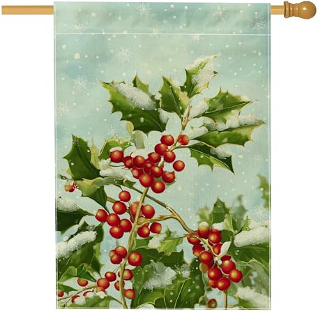 Bandera de casa de acebo, bayas festivas de invierno, nieve, Navidad, arpillera verde, doble cara, exterior, bandera de jardín grande para patio al aire libre, entrada, camping, 28 x 40 pulgadas