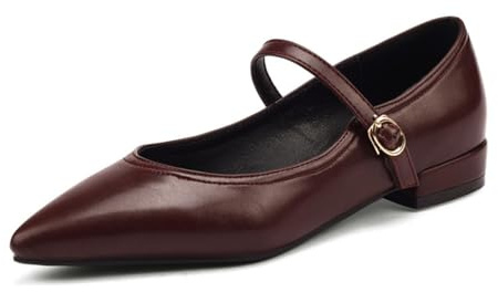 Generico Scarpe Mary Jane Donna Punta Affusolata Basse Cinturino alla Caviglia Regolabile Fibbia Slip-On Morbide Leggere Comode Antiscivolo per Ufficio Uso Quotidiano,Marrone,35 EU