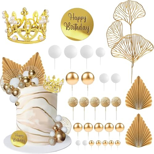 30 Piezas Decoracion Tartas Cumpleaños Dorado Corona para Tarta de Cumpleaños Bolas Decoracion Tartas Hojas de Palmera Ginkgo para Bodas, Ceremonia de Graduación, Fiesta Temática