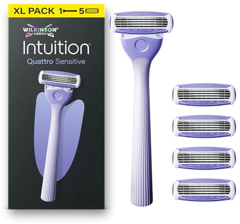 Wilkinson Sword Intuition Quattro Sensitive Women’s Razor, 5 Refills | 4 Blade Sensitive Skin Razors for Women, Dermatologically Tested, Includes Grippy Handle that Stands Up, 5 Refills