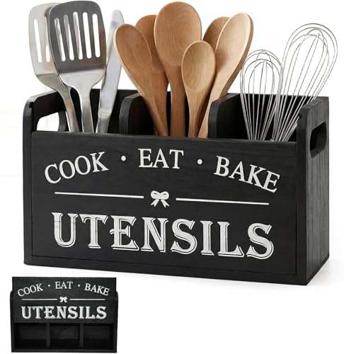 Porta Utensilios de Cocina Negro y Madera de Sicómoro con 3 Compartimentos Organizador de Cubiertos Soporte para Utensilios de Cocina con Orificios de Drenaje, Separador Extraíble 27 x 10,5 x 15 cm