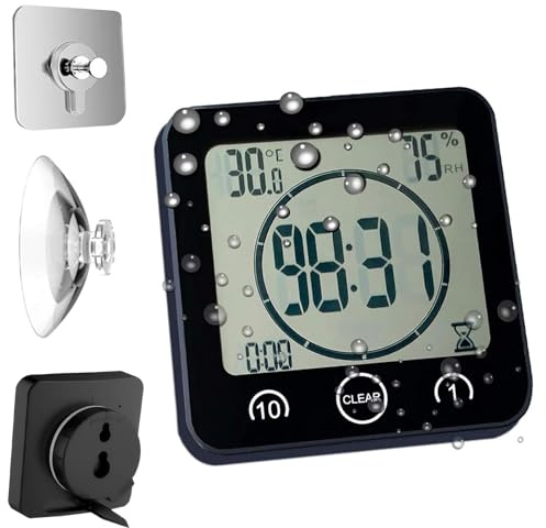 Waterproof Bathroom Wall Clock and Timer, Digital Water Resistant Hanging Timer for Shower, Large Display Kitchen Cooking Countdown Timers, Mirror Suction Clock with Temperature Humidity Meter (Black)