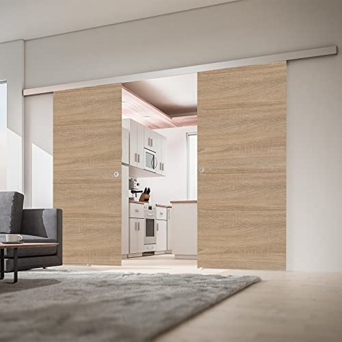 Schulte porte coulissante en bois, 151x203cm, porte intérieure pleine, décor chêne, double porte - poignée ronde + double amortisseur softclose