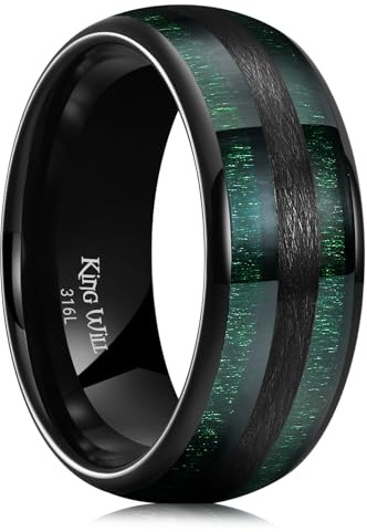 King Will Nature 8mm Herren-Ehering mit grüner Holzeinlage, schwarzer Wolframcarbid, gewölbt, Größe 64.7 (20.6)