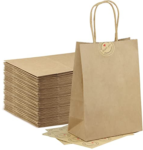 50 Stück Papiertüten mit Henkel Braun, HRUISE Kleine Papier Geschenktüten mit Aufklebern, 130GMS Kraftpapier tüten, Papiertragetaschen für Einkaufstüten, Partytüten, Hochzeitstasche, Geschenke