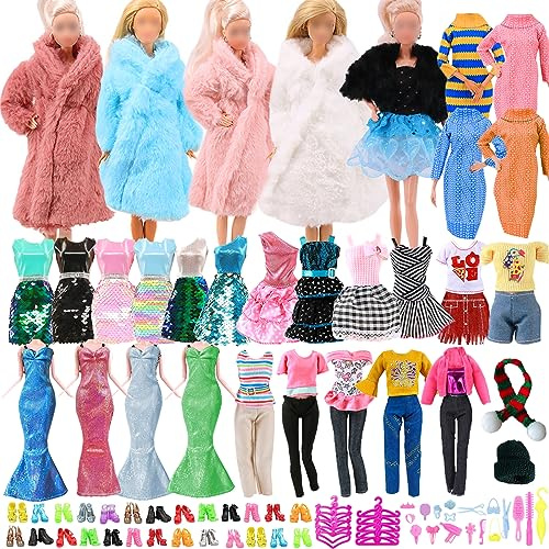70 Kleidung Kompatibel mit Barbie Puppen, 7 Fashion Kleider 5 Tops 5 Hosen 1 Pullover 1 Plüschjacke Set 1 Plüschoberteil 1 Schals 1 Hüte 10 Paar Schuhe 10 Kleiderbügel 18 Zubehör für 11,5 Zoll Puppen