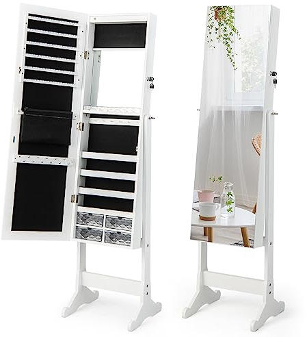 COSTWAY Schmuckschrank neigungsverstellbar, freistehender Schmuckregal mit Ganzkörperspiegel & innerem Schminkspiegel & LED-Leuchten, Schmuck Spiegelschrank abschließbar, Weiß