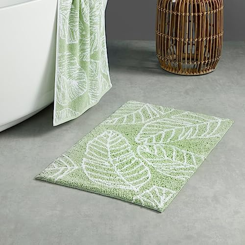 Fusion Green Leaf Bath Mat (50 x 80cm) - 100% Cotton - Super Soft - Tropical Palm Leaves - Absorbent - Green, Khaki