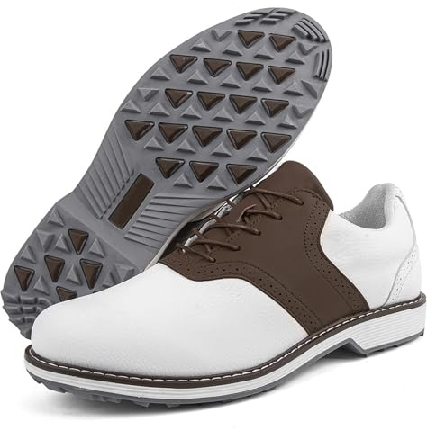 Scarpe da Golf Maschile, Pelle Business Spikeless Stivali, Sneaker Classico Traspirante Non-Slip Casual White&Brown, 41