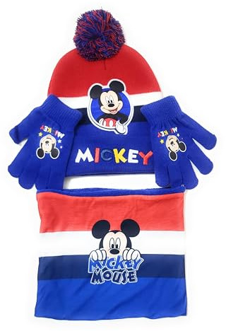 Gorro, Bufanda tubular y Guantes Mickey Mouse Disney para niños | Set de invierno Disney Mickey Mouse Gorro con Pompón, Braga de Cuello con forro interior y Guantes (52 cm, Multicolor)