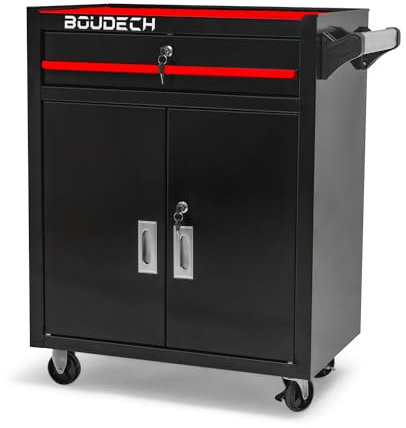 BOUDECH Buddy Chariot d'atelier à deux portes avec tiroir et serrure, armoire de garage avec roues autobloquantes, surface de travail avec tapis antidérapant