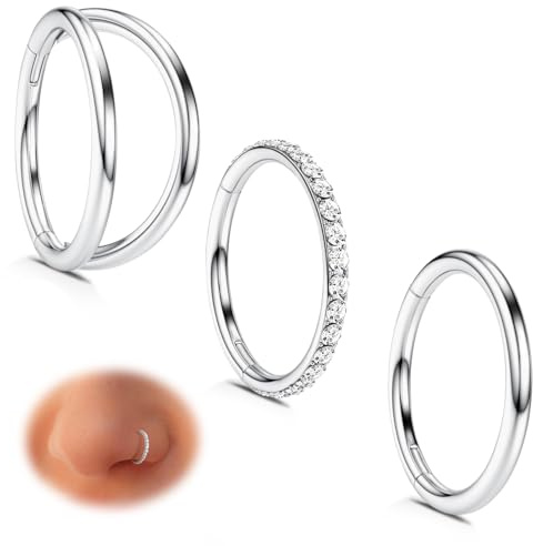 Silver Nose Rings Hoops Women: 3pcs 316L Surgical Steel Double Hoop Nose Rings 20G Hinged CZ Septum Conch Clicker Lip Rings Cartilage Helix Rook Tragus Daith Earring Hoops Body Piercing Jewelry 7mm
